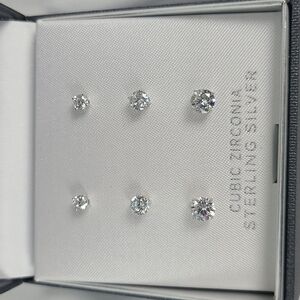 Sterling Silver Round CZ Stud Earrings Set Of Three Sizes - 6mm, 5mm, 4mm NIB